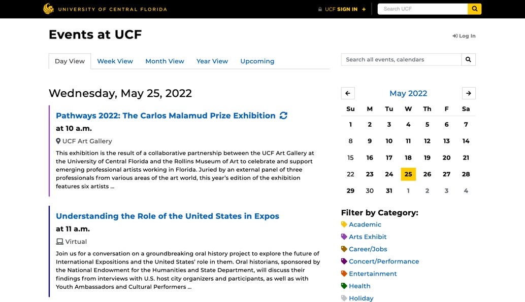 Screenshot of the UCF Events application.